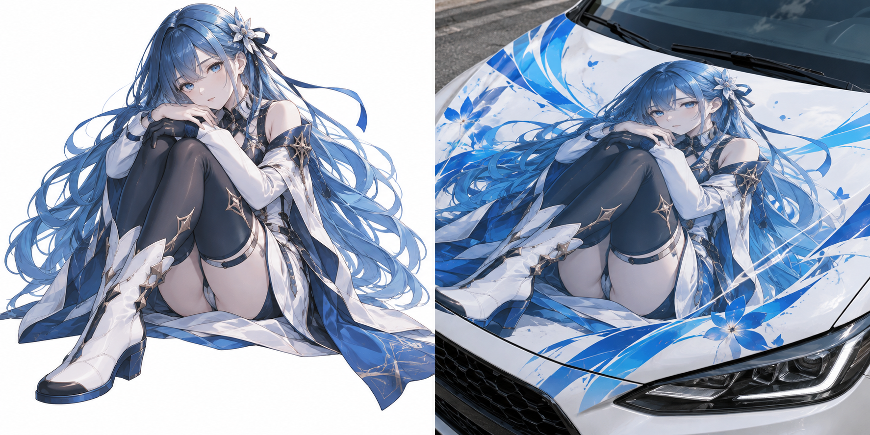Original blue-haired character and matching hood wrap concept
