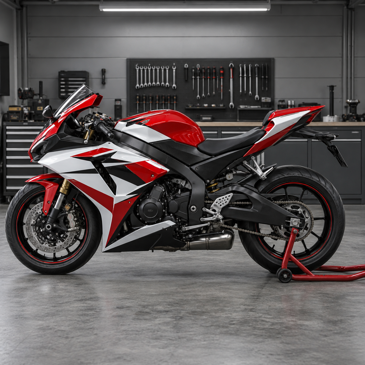 Red racing wrap concept on a motorcycle