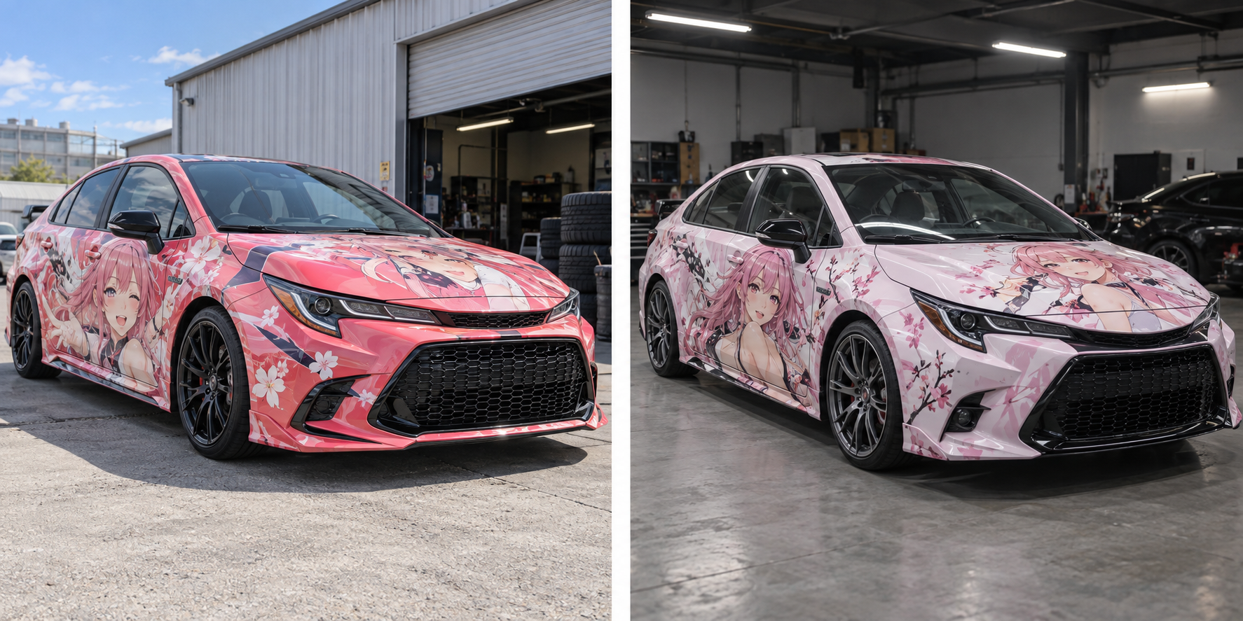Two pink anime wrap concepts for a refreshed vehicle style