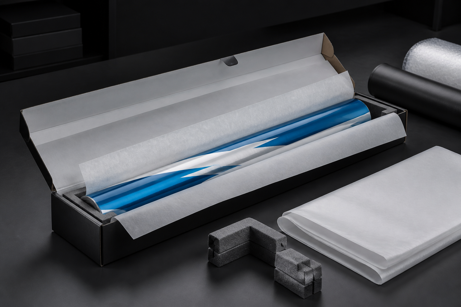 Vehicle wrap kit carefully packed in a protective shipping box