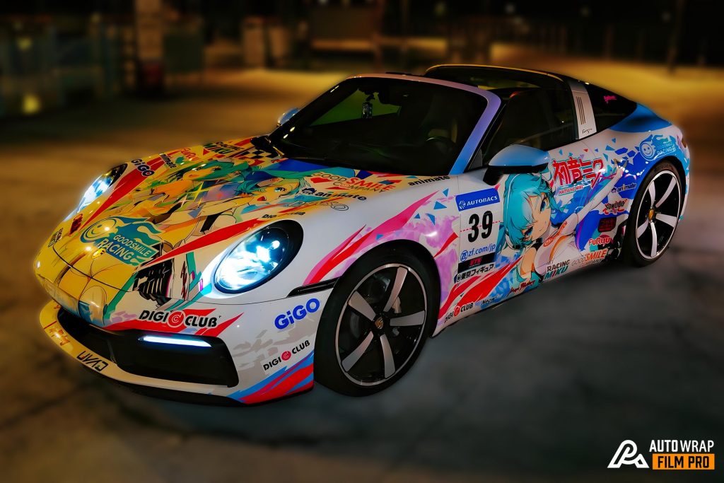 Racing Miku AW-190 catalog image showing an anime wrap across the hood and sides of a sports car