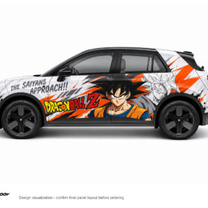 AW-191 Dragon Ball Z Goku full-car wrap left-side design visualization on a white background, with black QQPOO watermark.