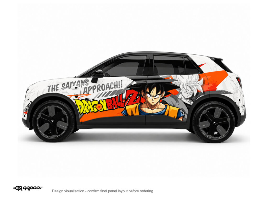 AW-191 Dragon Ball Z Goku car wrap left-side design visualization on a white background, with black QQPOO watermark.