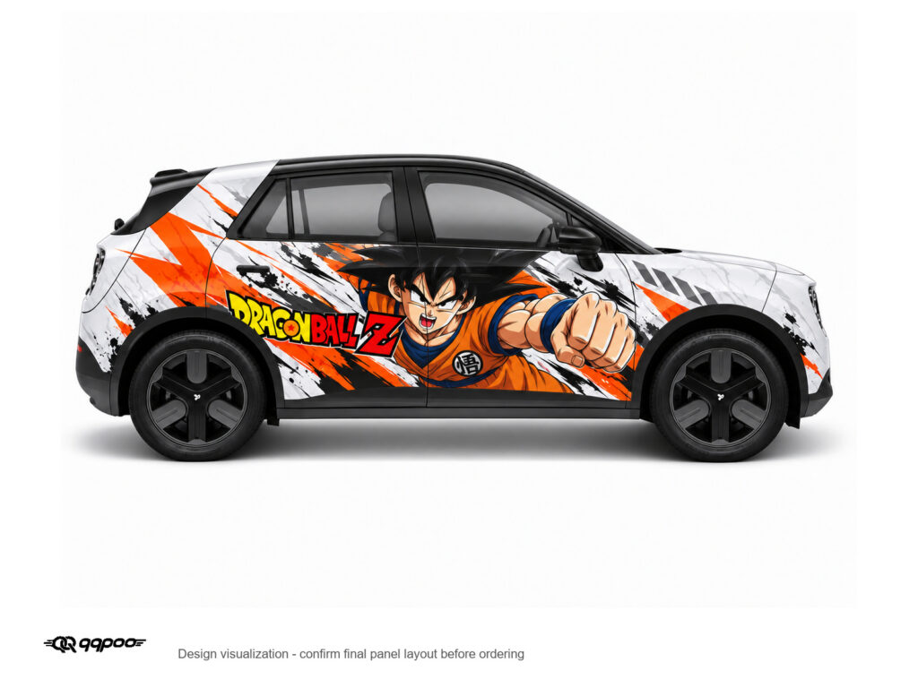 AW-191 Goku right-side wrap design visualization with a distinct punching pose, white background and black QQPOO watermark.