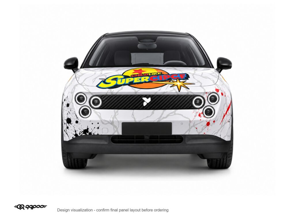 AW-191 Goku car wrap front design visualization with a blank dark license plate, white background and black QQPOO watermark.