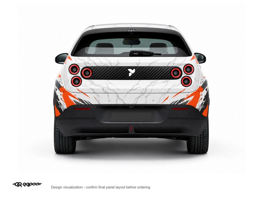 AW-191 Goku car wrap rear design visualization with a blank dark license plate, white background and black QQPOO watermark.
