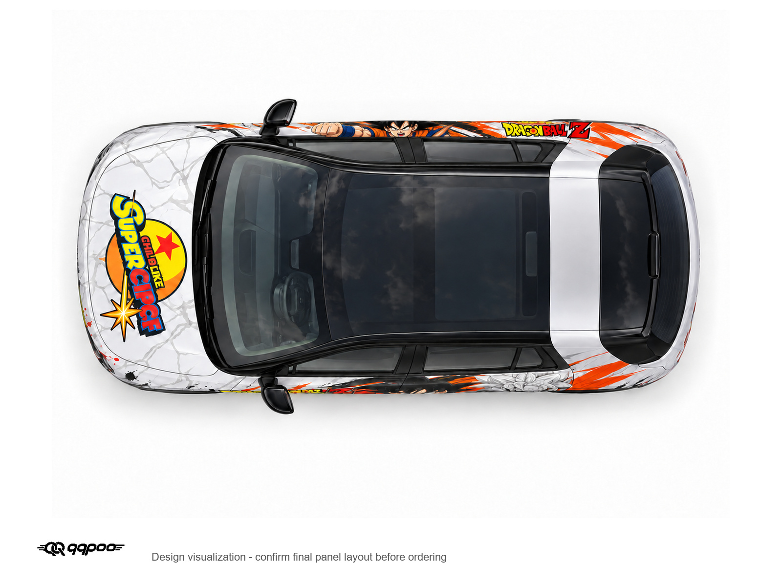 AW-191 Goku wrap overhead design visualization on a white background, with black QQPOO watermark.