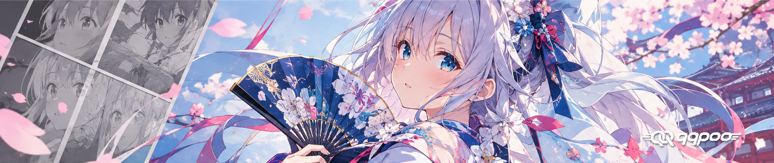 Anime character illustration with a blue floral fan, cherry blossoms and manga-style panels.