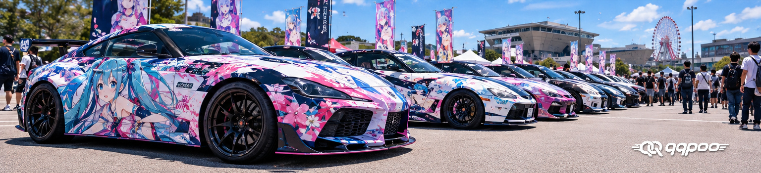 Illustrative lineup of sports cars with colorful anime character wraps at an outdoor gathering.