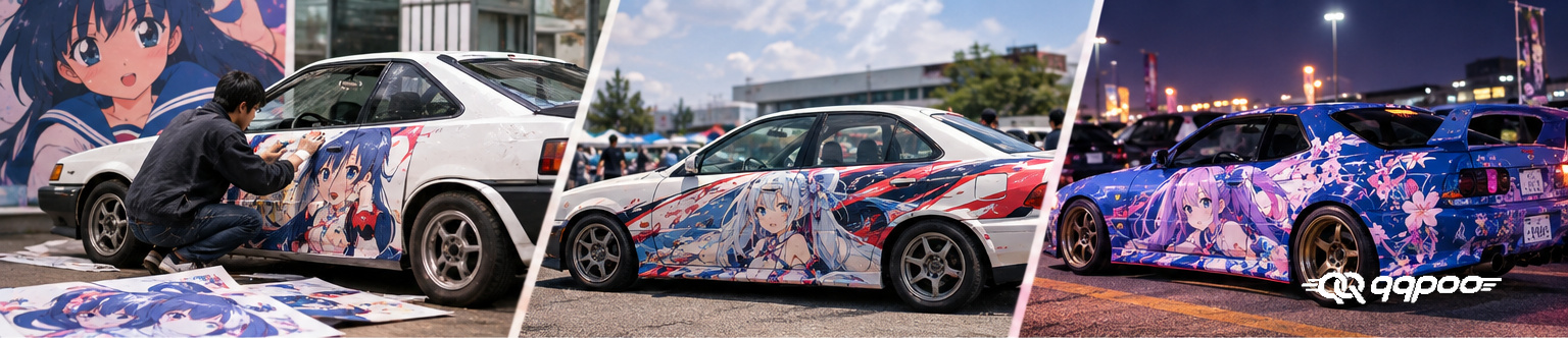 Illustrative montage of character decal installation and anime-wrapped cars at daytime and nighttime meets.