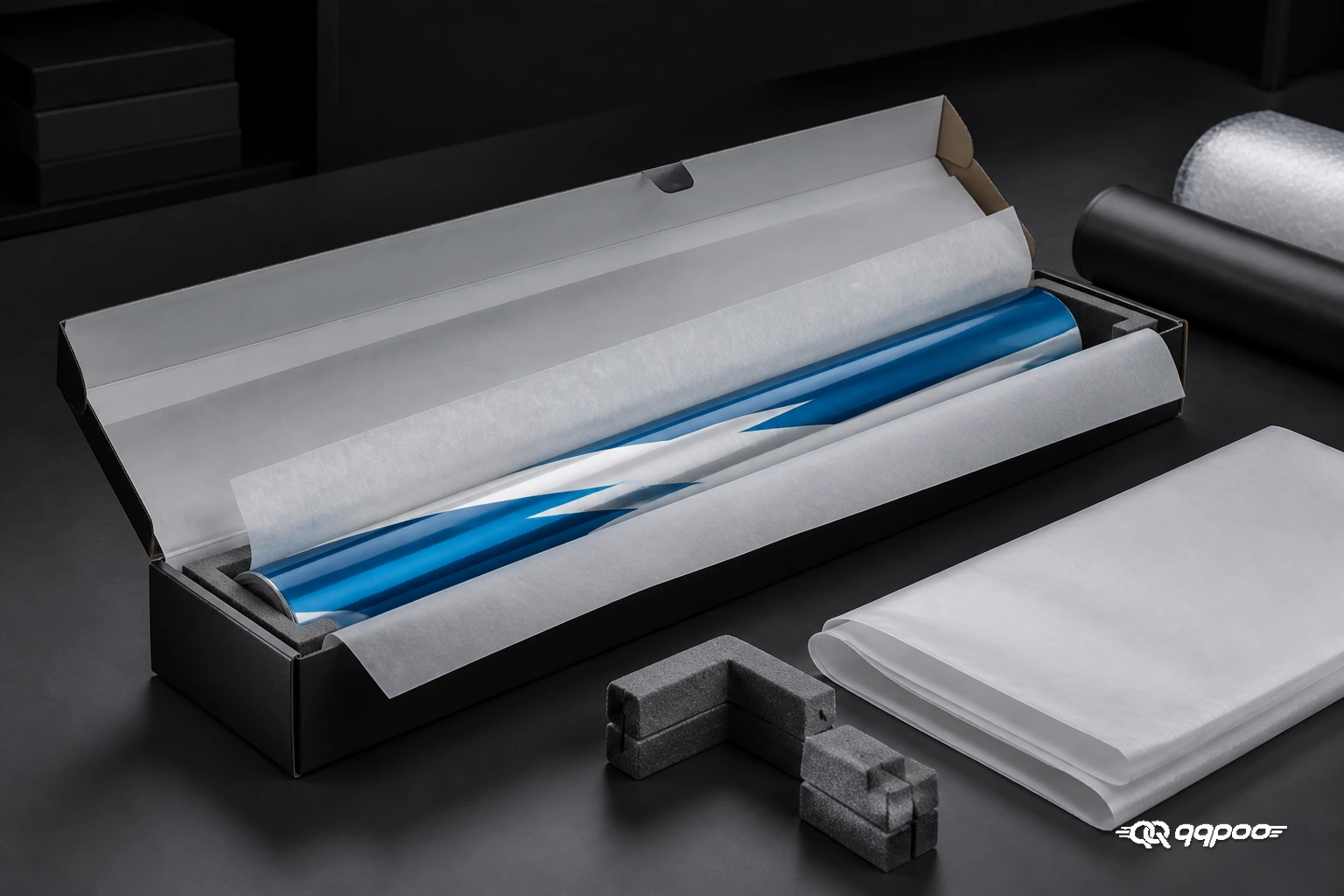Blue and white printed graphic roll in a protective box with end supports and interleaving, illustrating itasha wrap packaging