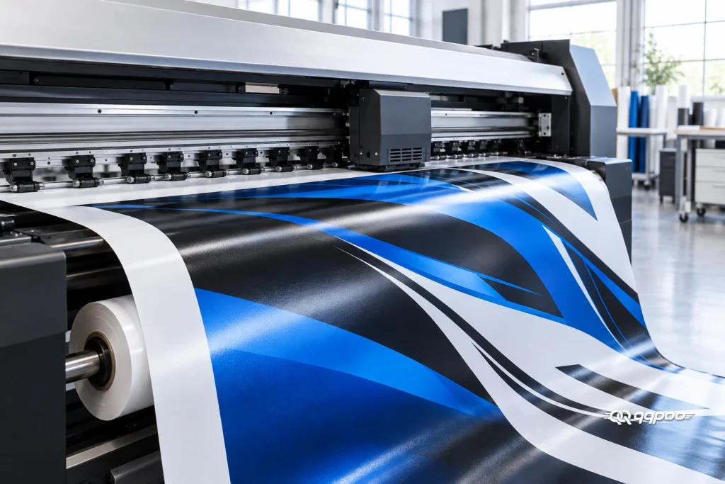 Large-format printer producing blue, black and white vehicle graphics, illustrating the itasha printing process