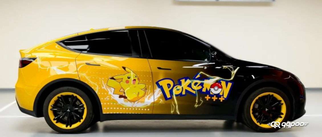 Side view of a yellow and black Pikachu car wrap with Pokémon lettering and lightning graphics.
