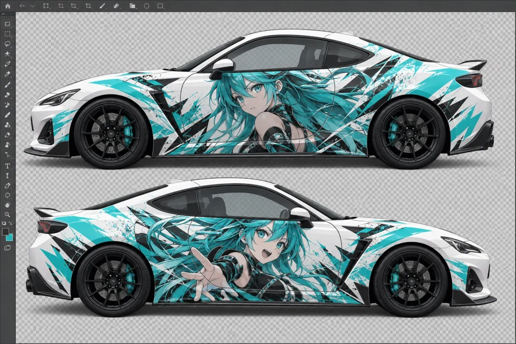 Turquoise anime-wrap concept shown from two sides on a design canvas