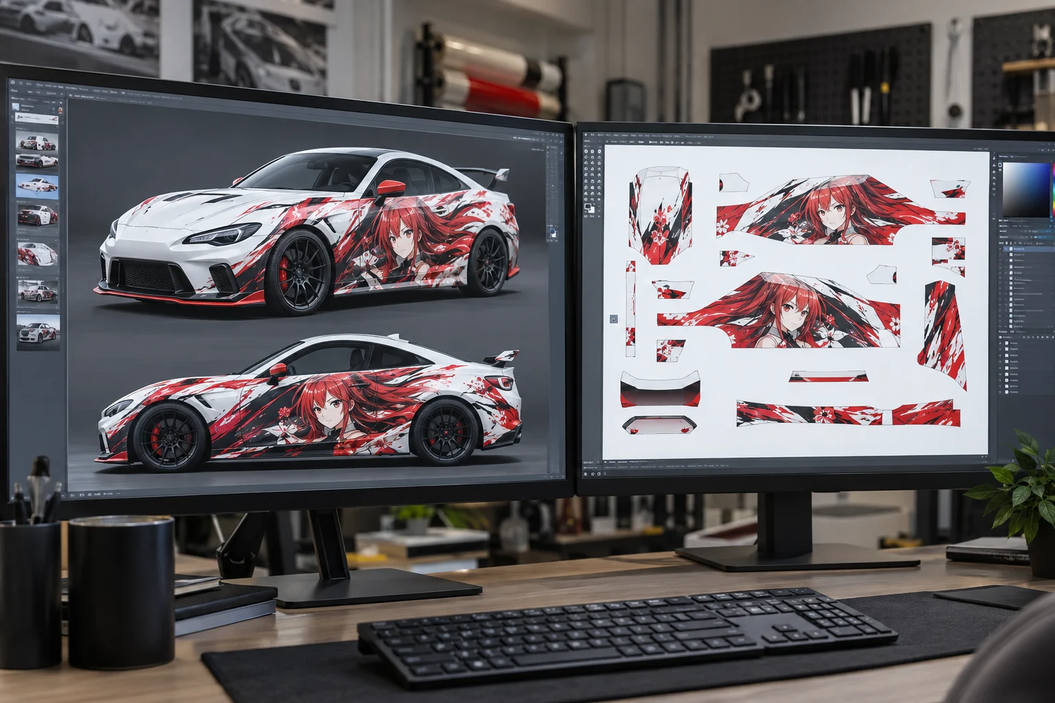 Illustration of two design monitors showing a car-wrap mockup and separate printed panel layouts