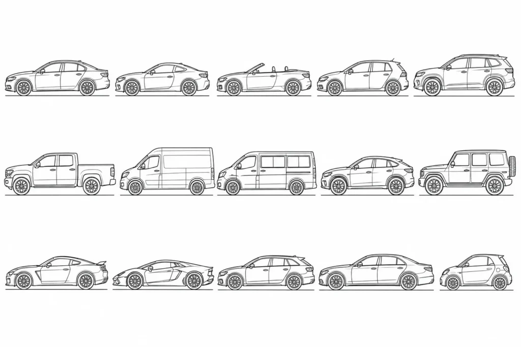 Line illustration showing different vehicle body styles for discussing a custom wrap