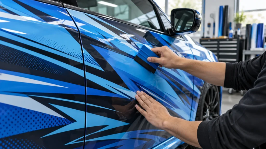 AI-generated illustration of an installer smoothing blue geometric vinyl on a car door